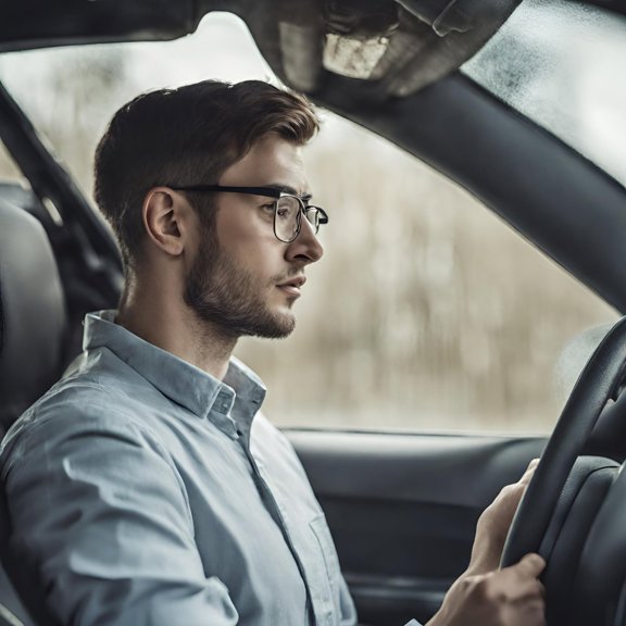 En man i glasögon i profil som kör en bil