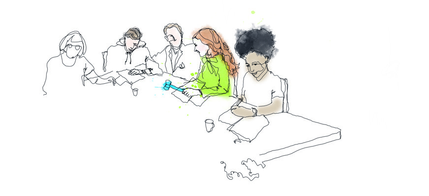 Illustration av fem människor i ett konferensrum.