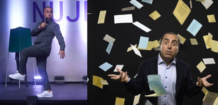 Bild 1: Özz Nujen står på en scen med mikrofon i handen och ett ben lyft. Han har mörka kläder och vita sneakers. Bakom honom syns två personer i varsitt valbås där man bara ser deras ben. Bakgrunden är upplyst i blått och lila. Med stora bokstäver står det "NUJEN". Bild 2: Özz är klädd i kostym och står med armarna utsträckta och med chockad eller förvånad uppsyn. Runt honom mot en svart bakgrund svävar och faller massor av gula, blå och vita valsedlar.