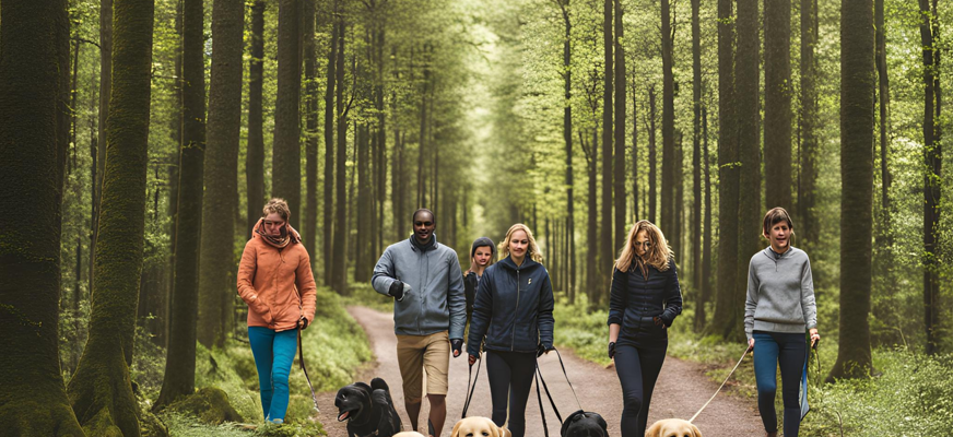 Några personer är ute och går i skogen. Några av dem har ledarhund, det finns både gula och svarta labradorer