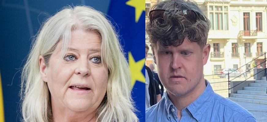 Två bilder som är ihopsatta. Till vänster Camilla Waltersson Grönvall i regeringens pressrum, till höger Mathias Smok Palm med vit käpp utanför riksdagen.
