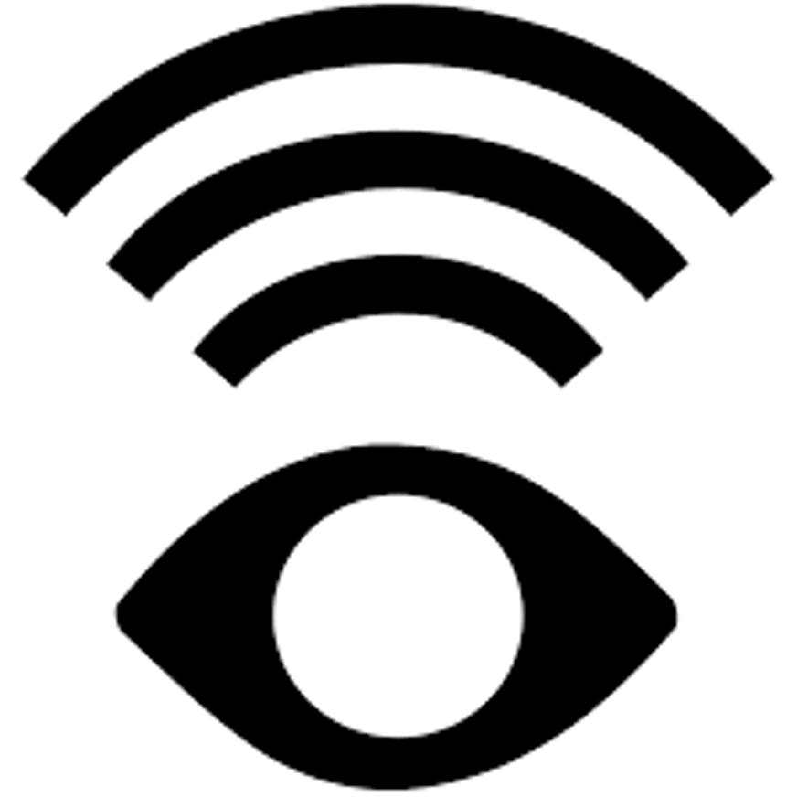 Logotyp för syntolkning. Ett svart öga mot ljus bakgrund. Ögats iris är en vit cirkel och ovanför ögat finns 3 bågar, som illustrerar att sändning pågår.