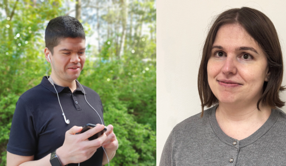 Till vänster: Claudio, en man med svart snaggat hår, pikétröja i samma färg. Han står i grönskande landskap med en mobiltelefon i handen och hörlur i ena örat. Till höger: Porträttbild på Belmina Koca, en mörkhårig kvinna med page och bruna ögon. Hon har en grå tröja och ler mot kameran.