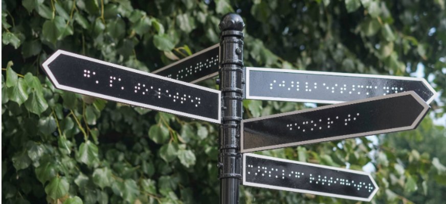 Skyltar formade som pilar framför grönska. Platserna på pilarna är skrivna i punktskrift.