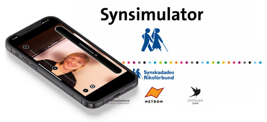 Ett kollage av appen Synsimulators startskärm och en iPhone. På skärmen syns Sofia Abrahamsson genom synsimulatorns filter diabetesretinopati. 