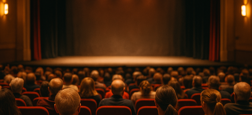 : Publik sitter i en teatersalong med röda stolar. Blickarna är riktade mot scenen som är upplyst men tom, vilket skapar en förväntansfull och dramatisk stämning.