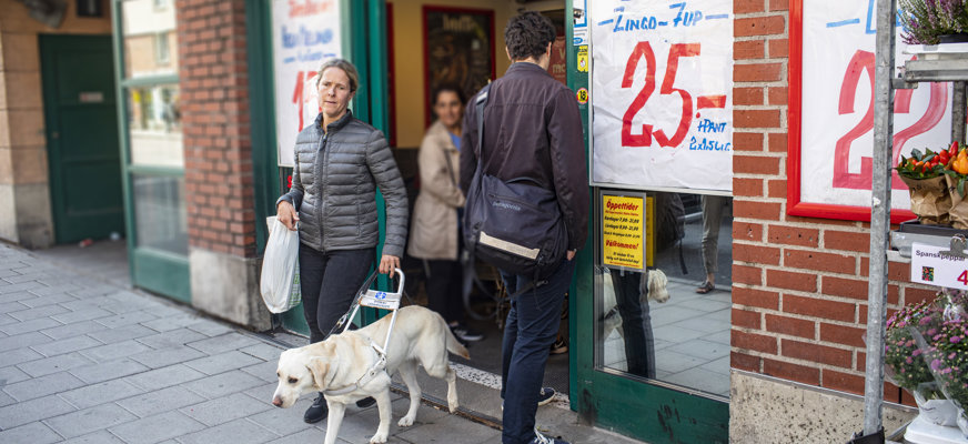 Person med ledarhund påväg ut från matbutik