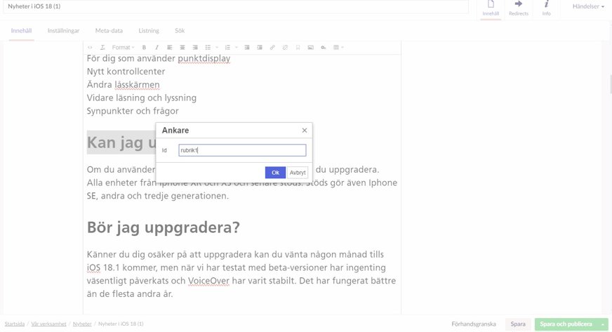 Skärmklipp umbraco, rutan för "Ankare" öppet, text "rubrik1" står i fältet för ID.