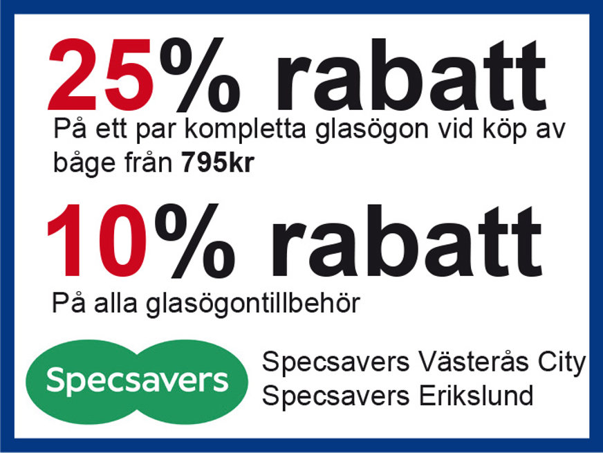 Rabatterbjudande hos SpecSaver, 25% på komplettar glasögon, 10% på glasögontillbehör
