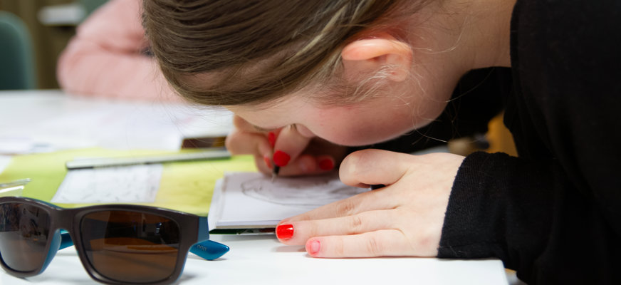 Skall illustrera utbildning, en person sitter vid ett skrivbord och tar del av information.