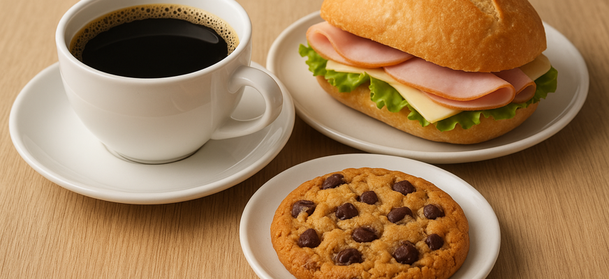 Bilden visar en kopp kaffe, en god skinkfralla och en kaka på ett bord