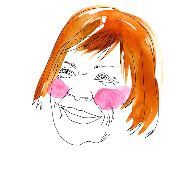 Illustration, leende kvinna med rött hår och rosa kinder
