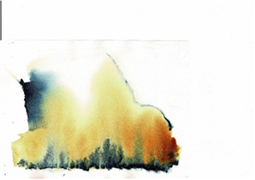 Akvarellmålningen visar ett abstrakt landskap med flytande färgövergångar. Till vänster dominerar en mörkblå ton som gradvis ljusnar mot mitten och övergår i varma nyanser av gult, orange och rött. Färgerna smälter samman i mjuka gradienter och skapar en känsla av rörelse och ljus. Längst ned löper en mörk linje, nästan svart, som ger intryck av en horisont eller marklinje. Den organiska formen och färgblödningen ger målningen ett drömskt och stämningsfullt uttryck.