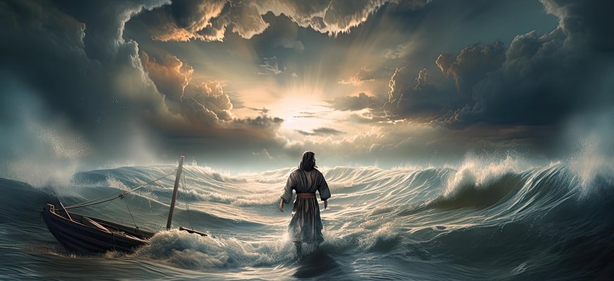 En bild på jesus som går på ett stormigt hav, brevid driver en övergiven eka i trä. Solen lyser i en glugg på den oroliga himlen