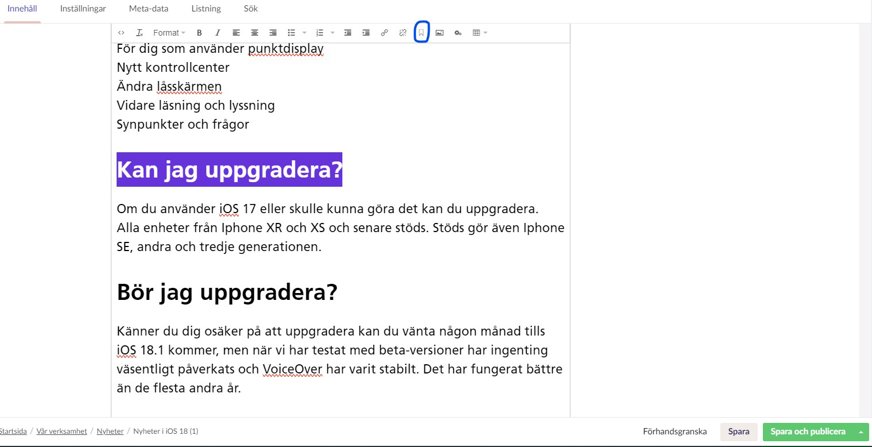 Skärmklipp Umbraco, rubriken "Kan jag uppdatera?" är markerad och symbolen för ankare inringad i blått i redigeringsmenyn.