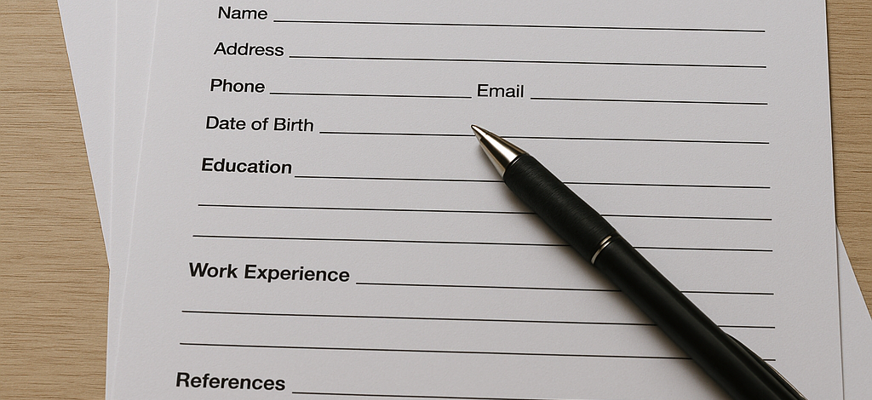 Bilden visar några ansökningsblanketter i en lite slarvig hög med en penna ovanpå