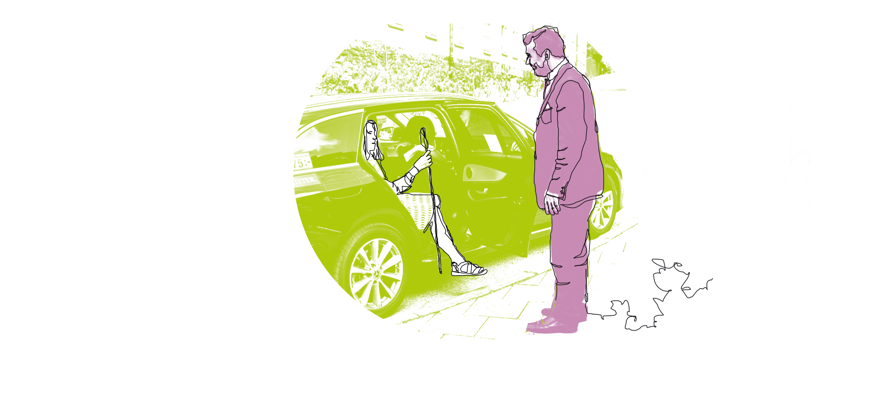 Illustration, chaufför väntar på person med käpp som kliver ur taxi