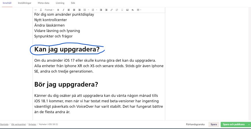 Skärmklipp Umbraco, rubriken "Kan jag uppgradera?" inringad.