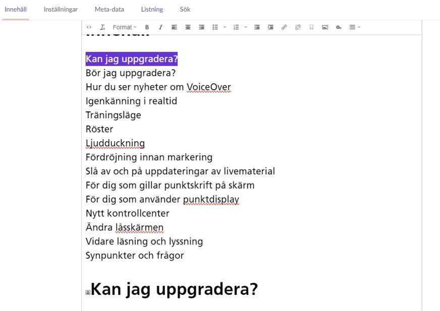 Skärmklipp Umbraco, meningen "Kan jag uppgradera" markerad i en lista, längre ned rubriken "Kan jag uppgradera?" med en ankarsymbol bredvid.