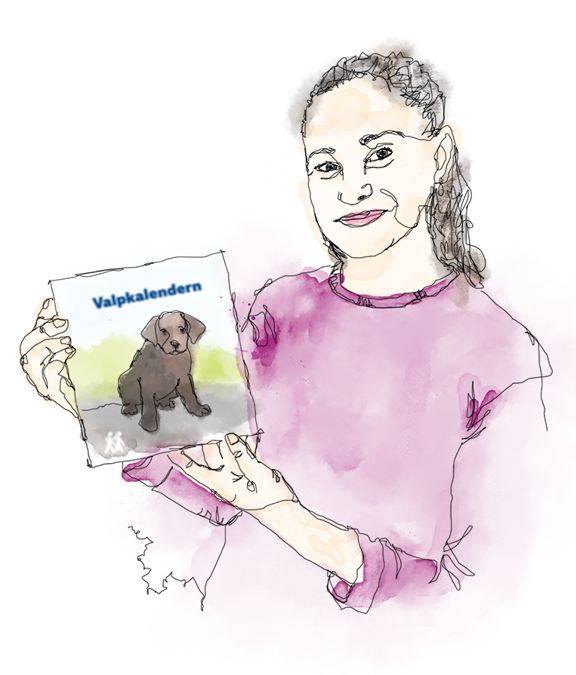 Illustration leende kvinna som håller upp Valpkalendern med labradorvalp på omslaget