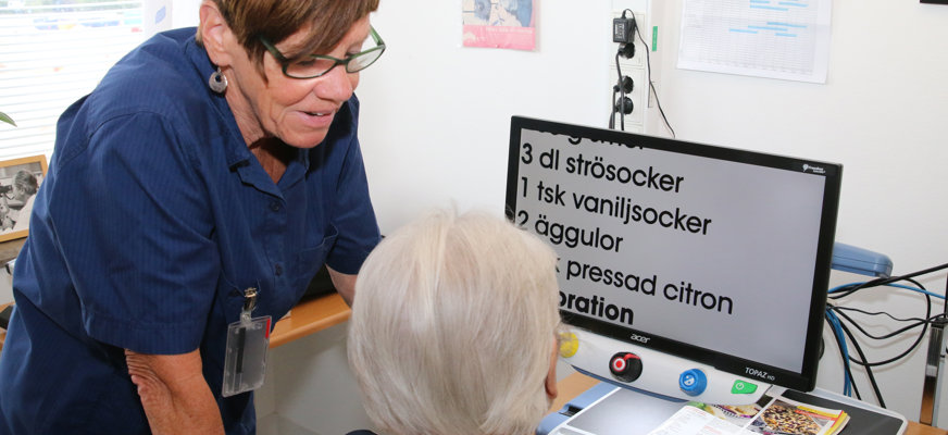 Vårdpersonal, kvinna i 60-årsåldern, står bredvid äldre person fotad bakifrån. Grått hår, dator med kraftig förstoring. Delar av receptlista på skärmen.