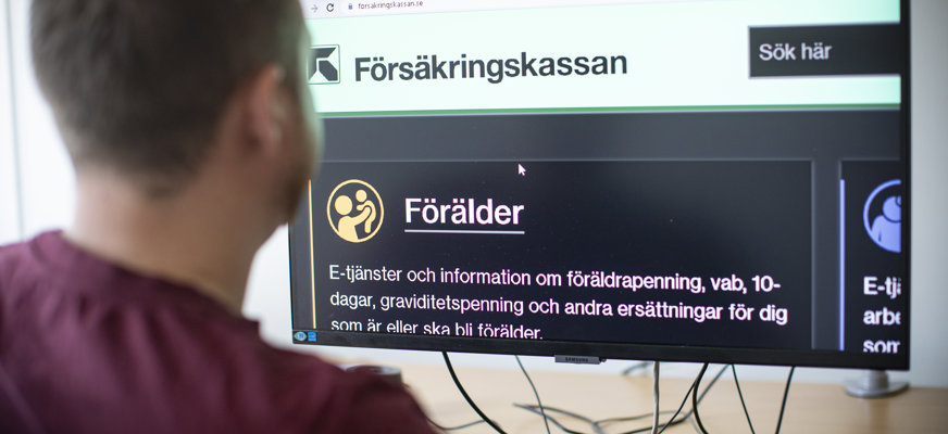 Person vid dator med förstoring, skärmen visar Försäkringskassan