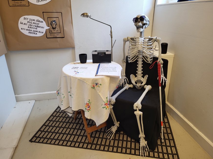 Bilden visar ett konstverk föreställande ett skelett som sitter på en svart stol bredvid ett litet runt bord. Bordet är täckt med en vit duk med blommig brodering. Skelettet bär solglasögon och håller i en vit käpp med röd spets, vilken vanligtvis används av synskadade personer. På bordet finns en svart kopp, en lampa, en liten svart låda och ett papper med text. Bakom skelettet syns en vägg med en brun pappersaffisch med text på svenska.  Texten på affischen lyder: - "DET SOM SÅRAR MIG MEST ÄR ATT JAG FRÅNTAS RÄTTEN ATT VARA SOM ALLA ANDRA" - "Tomas: 30 gravt synskadad" - "Göran, 18 år blind"  Texten på pappret på bordet lyder: - "I VÄNTAN PÅ BESKED OM LEDSAGNING"  Konstverket verkar vara en installation som belyser frågor om synskador och den upplevda isoleringen eller marginaliseringen som kan följa med det.