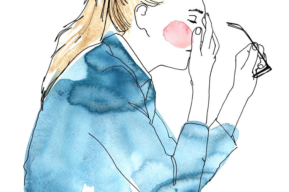 Illustration av kvinna i profil som håller sig för pannan. I handen håller hon ett par glasögon.