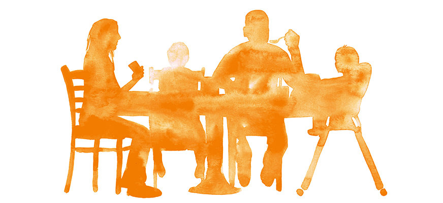 Orange illustration i akvarellstil av en familj som sitter vid ett köksbord och äter tillsammans.