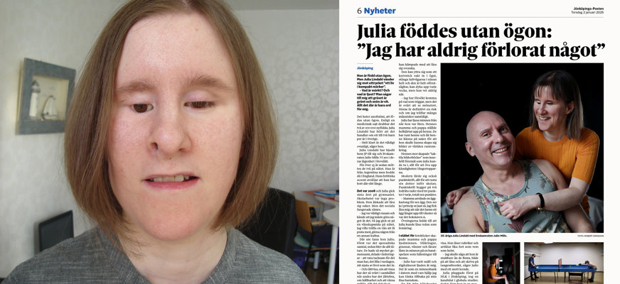 En bild i två delar. Till höger: Porträttbild på Julia, som har en rödbrun page och är klädd i en grå tröja. Till vänster: pressklipp från Jönköpings-Posten.