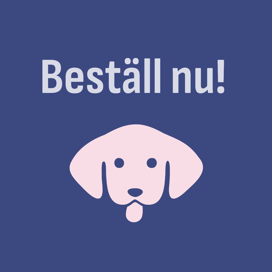 Blått färgblock med  texten "Beställ nu" tillsammans med en ljusrosa ikon som föreställer en valp.