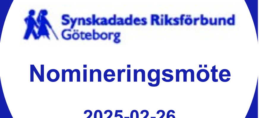 En blå rektangel med en vit cirkel innuti innehållandes SRF Göteborgs logga med text samt texten Nomineringsmöte 2025-02-26 i blått