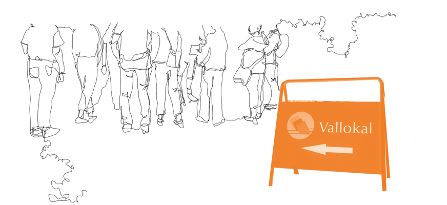 Illustration, skylt mot vallokal där människor samlats