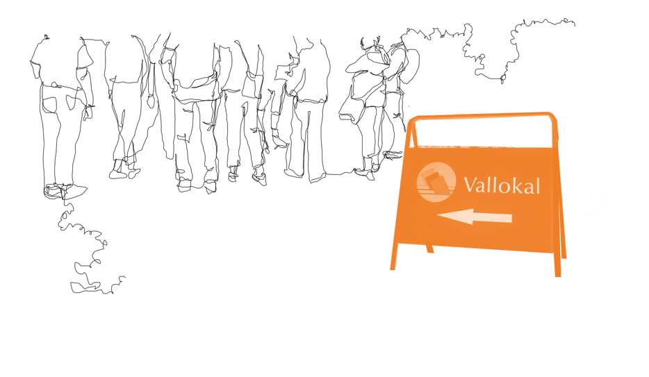 Illustration, skylt mot vallokal där människor samlats