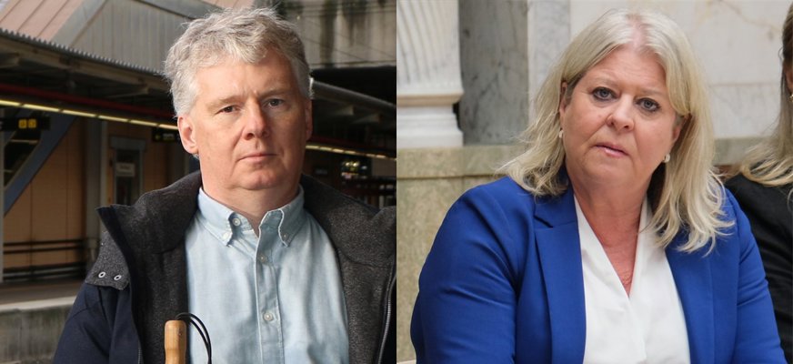 Niklas Mattsson i allvarlig min ytterkläder, vit käpp, grått hår. Camilla Waltersson Grönvall i blå kavaj, sittandes, axellångt blont hår, allvarligt uttryck. Bildkollage.