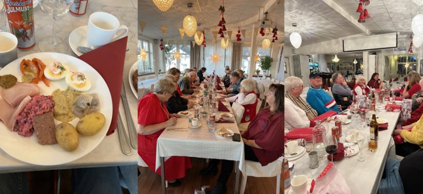 Bild 1: En tallrik med god julmat, bland annat sill, ägg och potatis. Bredvid tallriken finns också julmust. Bild 2 och 3: Medlemmar sitter vid ett långt bord med vit duk och äter och umgås. I fönstren hänger adventsstjärnor.