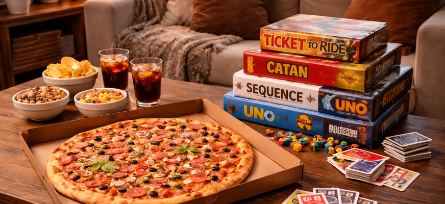 En stor familjepizza ligger på ett träbord bredvid en hög med sällskapsspel, snacks och dryck. Rummet är varmt upplyst och mysigt inrett med soffa, kuddar och mjuk belysning i bakgrunden.