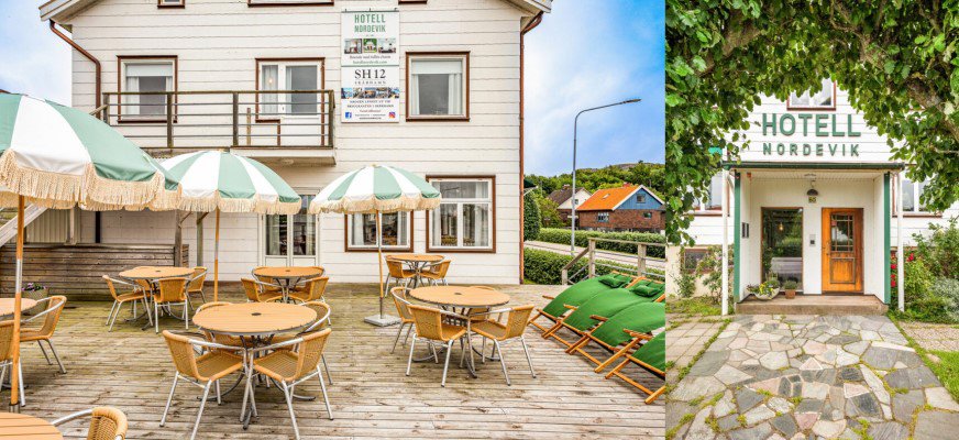 Bild 1: Entrén till Hotell Nordevik. Fasaden är ljus med gröna detaljer. Ovanför dörren finns en stor skylt med hotellets namn i gröna bokstäver. Framför dörren står blomkrukor. Ingången ramas in av grönska. Bild 2: Mötesrum med konferensbord. På bordet finns anteckningsblock, pennor och vattenflaskor. I bakgrunden syns en vit vägg med en whiteboard och två tavlor med segelbåtar på. Bild 3: En uteservering framför Hotell Nordevik. På trädäcket står runda bord med stolar och gröna och vita parasoller.