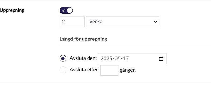 Skärmklipp kalendarium Umbraco redaktörsläge, "upprepning" ikryssat, siffran 2 vald i en drop down-meny, "vecka" valt i en annan.