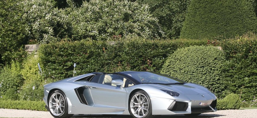 Samuel fick bland annat en åkturer i en Lamborghini. Bilden visar just en sådan bil i färgen gråmetallic. I bakgrunden syns ett naturlandskap med gröna träd och buskar.