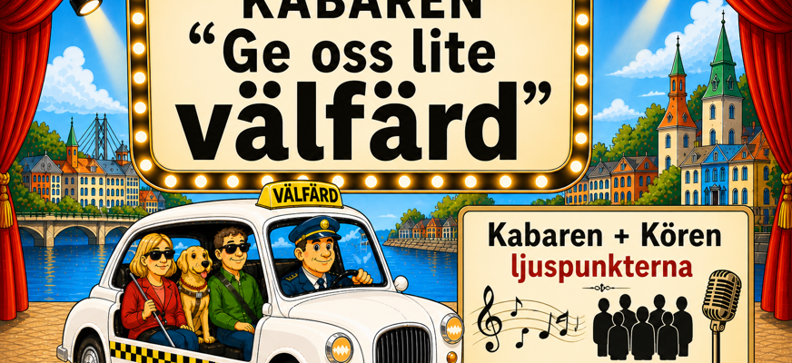 En scen med en vit cabriolet. Bilen körs av en chaufför och i baksätet sitter en man och en kvinna med en ledarhund emellan. I toppen finns en upplyst skylt med runriken Kabaren "ge oss lite välfärd"