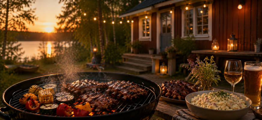 Grill med revbensspjäll och grönsaker vid en stuga i varm sensommarkväll.