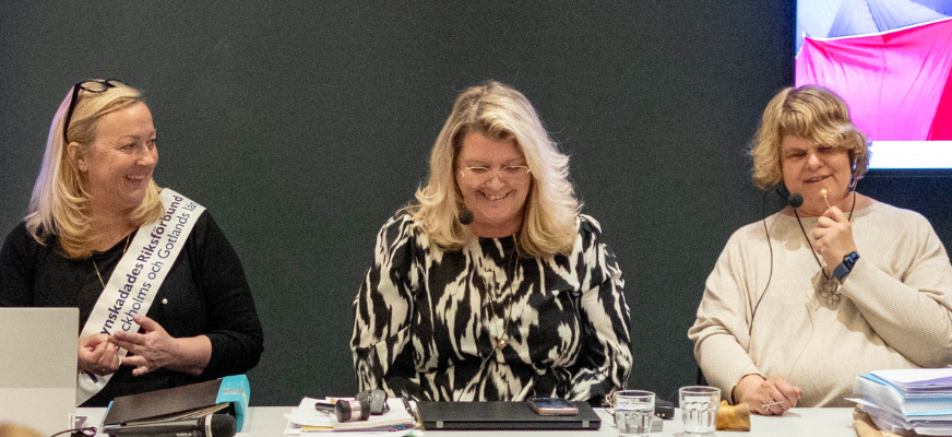 Vid årsmötet 2025, från vänster: kanslichef Ulrica Blomqvist, mötesordförande Gunilla Söderström och ordförande Karin Hjalmarson