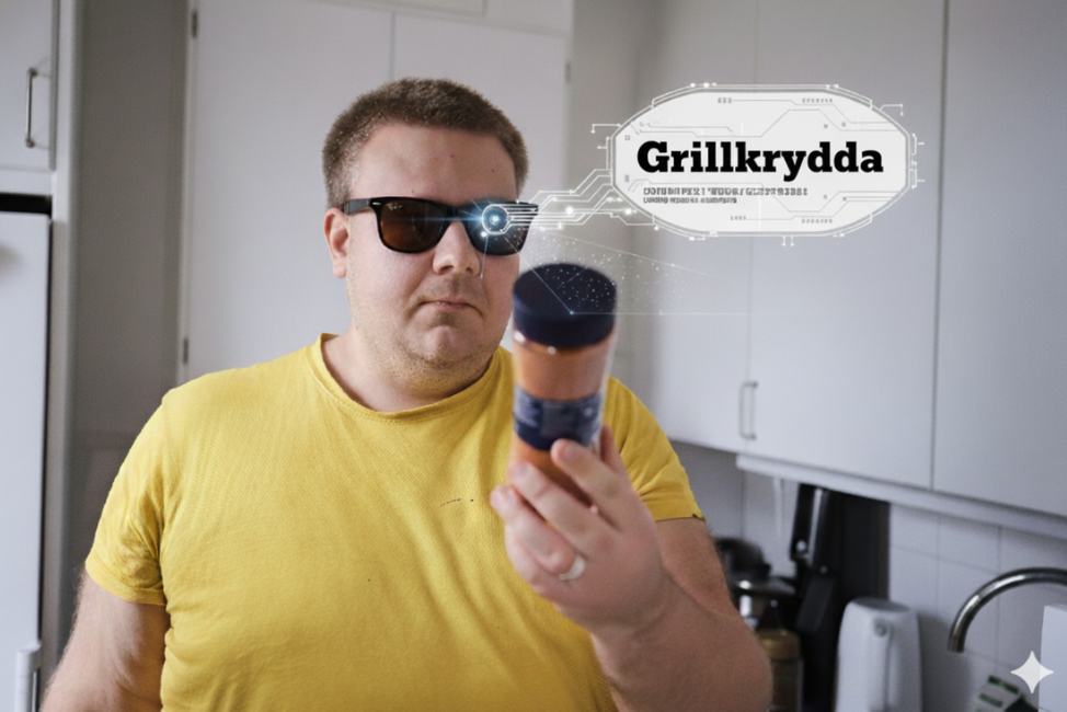 En man i gul t-shirt och svarta solglasögon står i ett kök, han håller i en kryddburk. På hans högra sida finns en text inuti en tankeruta, med texten Grillkrydda. Den ska symbolisera att en demonstration av en digital identifiering av burken sker.