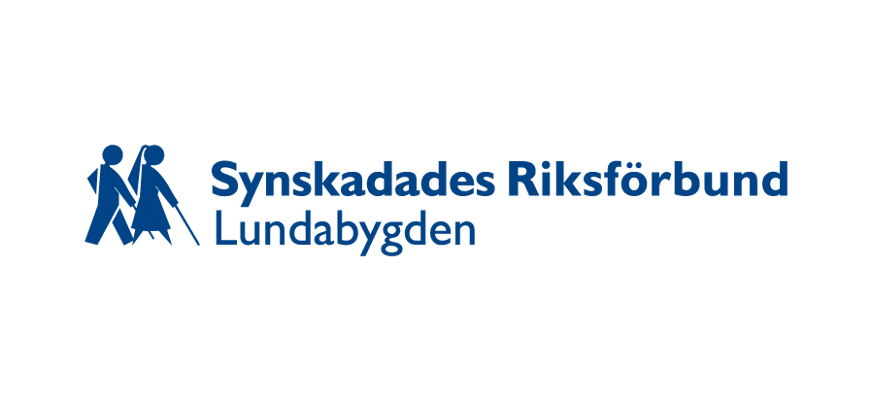 Bild visar logga med en man och en kvinna med käpp, helt i blå färg samt texten Synskadades Riksförbund Lundabygden