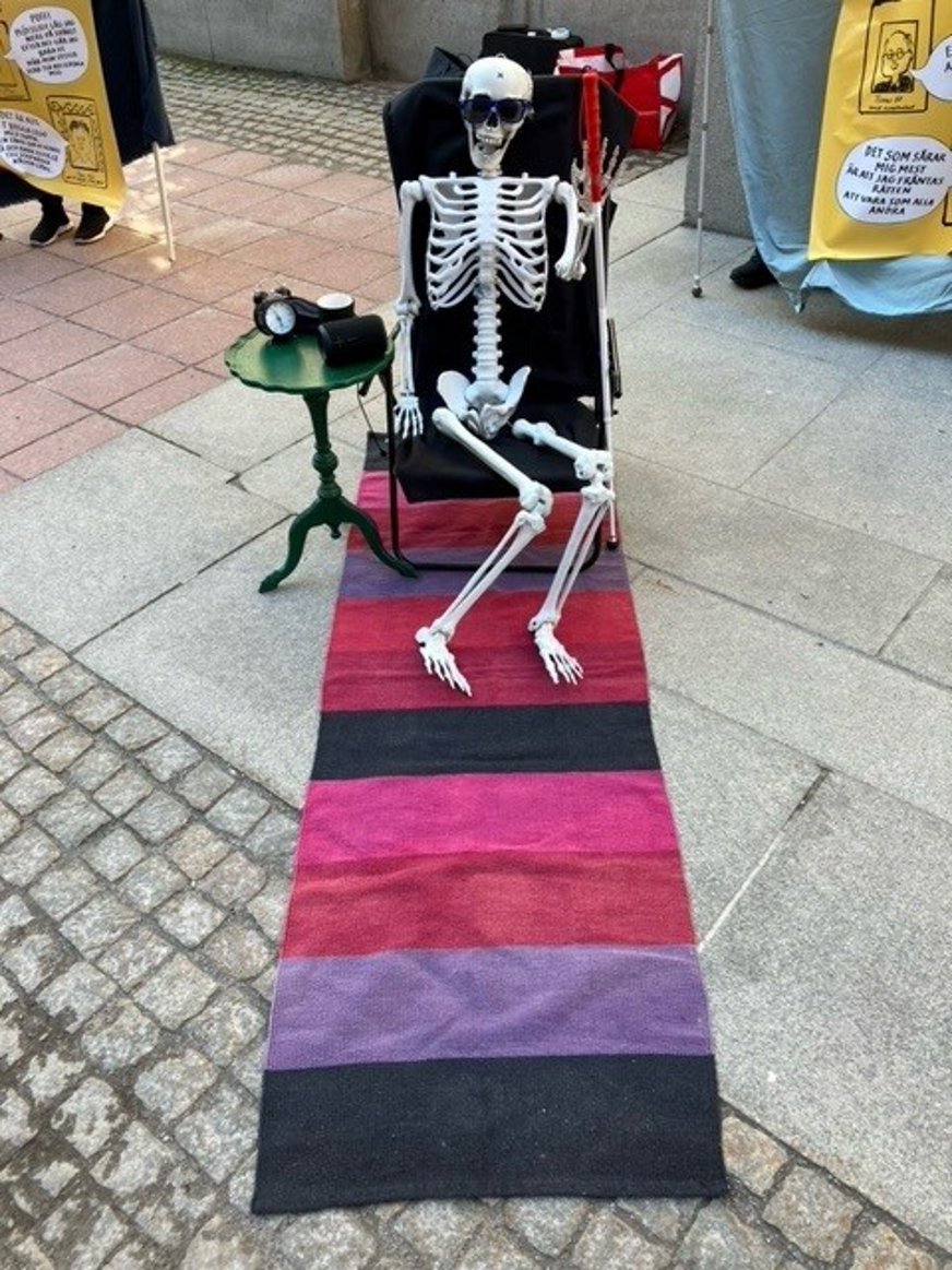 Ett låtsasskelett sitter på en svart solstol med svarta solglasögon och handen uppe i en vinkning. Bredvid skelettet står ett grönt nattduksbord och under en matta med röda, lila, rosa och svarta ränder. 