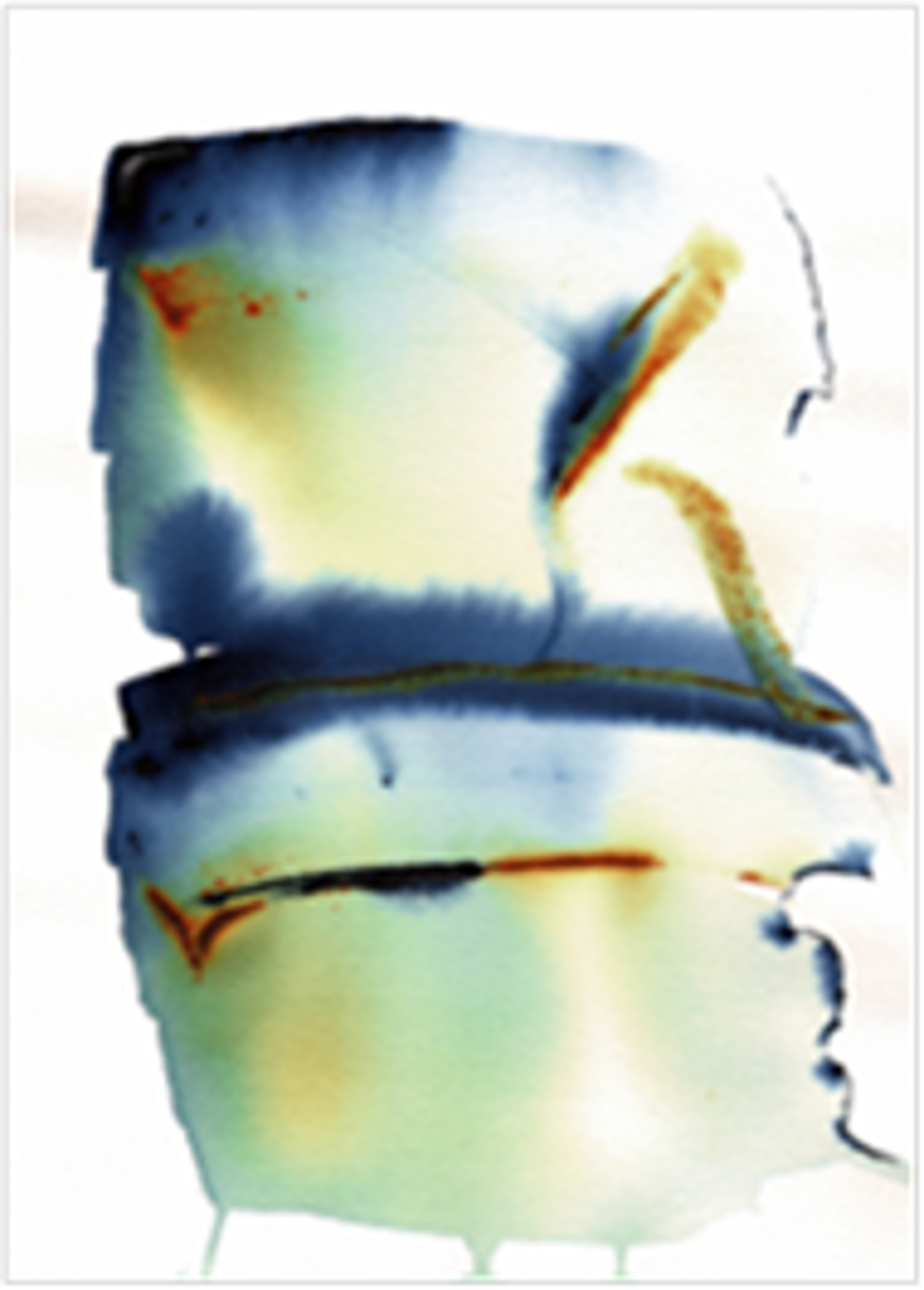 Målningen visar två horisontella färgfält i akvarell med mjuka övergångar. Den övre delen domineras av mörkblå toner med röda accenter, medan den undre är ljusare med grönt och gult. Röda streck skapar kontrast och rörelse. Färgerna flyter organiskt, vilket ger ett drömskt och känsloladdat uttryck utan tydliga former.