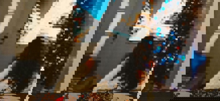 En person sett rakt bakifrån som sitter framför en tv. Bredvid tv:n står en pyntad julgran och i förgrunden syns ett tänt ljus, röda band och kottar.