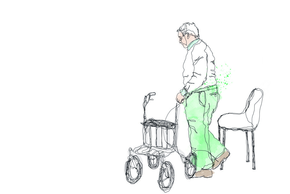 Illustration av äldre man som ställer sig upp med hjälp av en rullator.