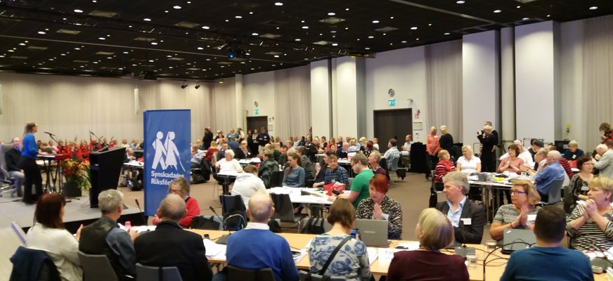 Stor sal, SRF-banderoller, massor av människor, i periferin kvinna på scen/presidium.